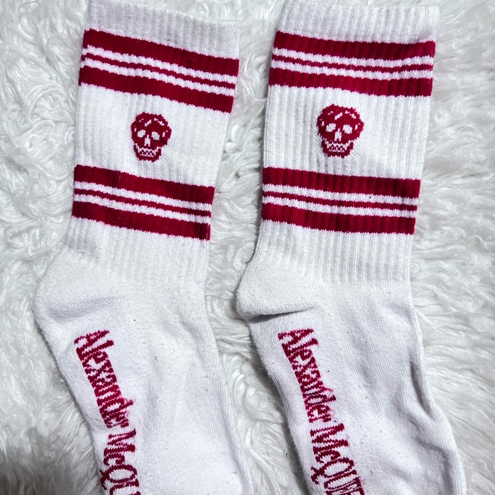 Alexander McQueen Red and White Striped Skull Socks Unisex